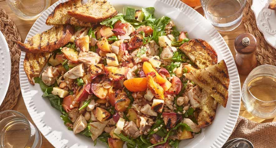 Recipes: Grilled Heirloom Chicken Breasts with Farro, Roasted Nectarines, and Halloumi “Croutons” 