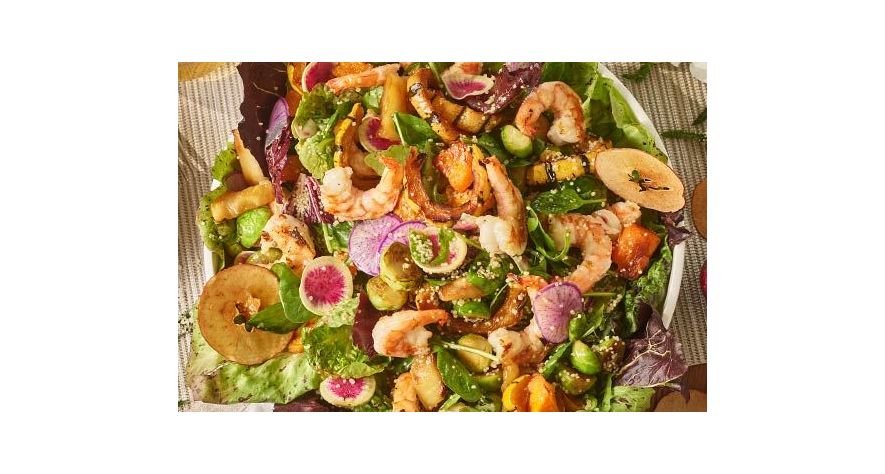 Recipes: Grilled Shrimp with Winter Squash, Brussels Sprouts, and Quinoa Salad