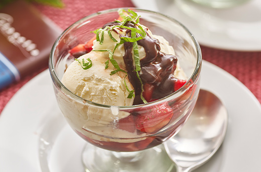 Ice Cream Sundaes with Strawberries and Balsamic Chocolate Sauce