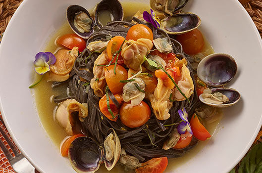 Cuttlefish Ink Linguine with Clams and Sungolds
