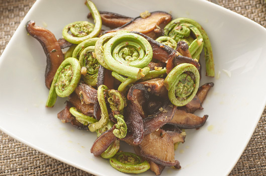 Saut&eacute;ed Fiddleheads with Shiitake Mushrooms, Garlic, and Ginger