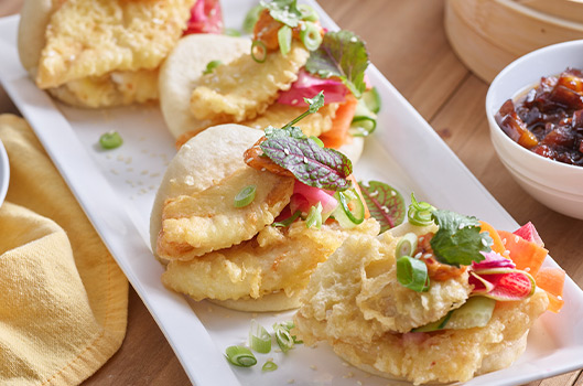 Crispy Fluke Tempura Bao with Pickled Vegetables