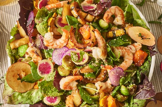 Grilled Shrimp with Winter Squash, Brussels Sprouts, and Quinoa Salad