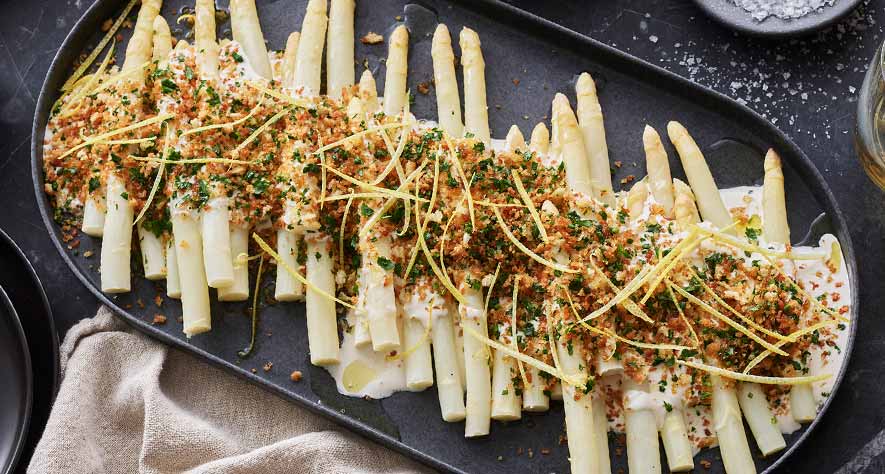 Poached White Asparagus with Aioli and Panko Gremolata