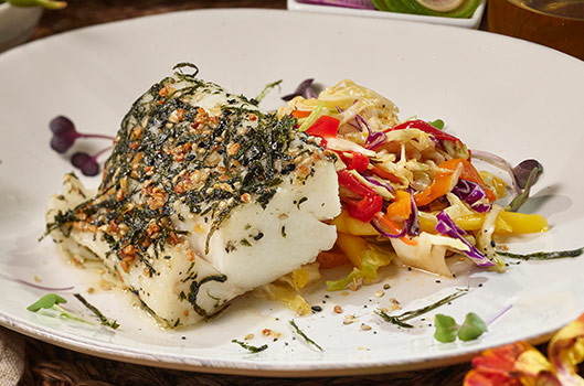 Nori-Crusted Cod with Mango Slaw and Sesame-Soy Dressing