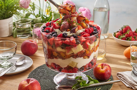 Lemon Tea Cake Trifle with Grilled Stone Fruit and Berries 